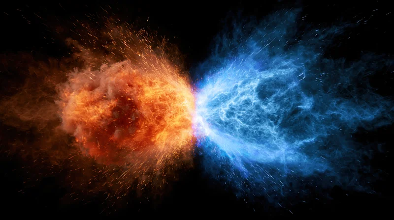 Two opposing energy bursts colliding at center point in space