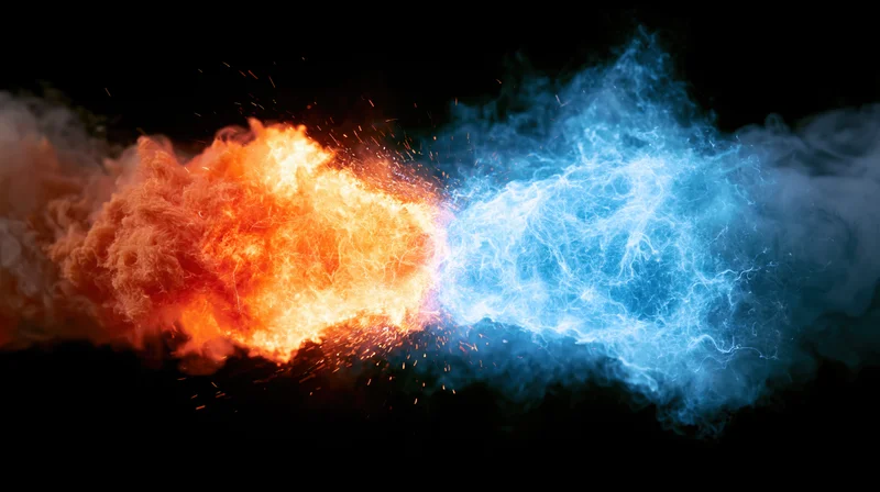 Orange and blue energy bursts colliding in dark space