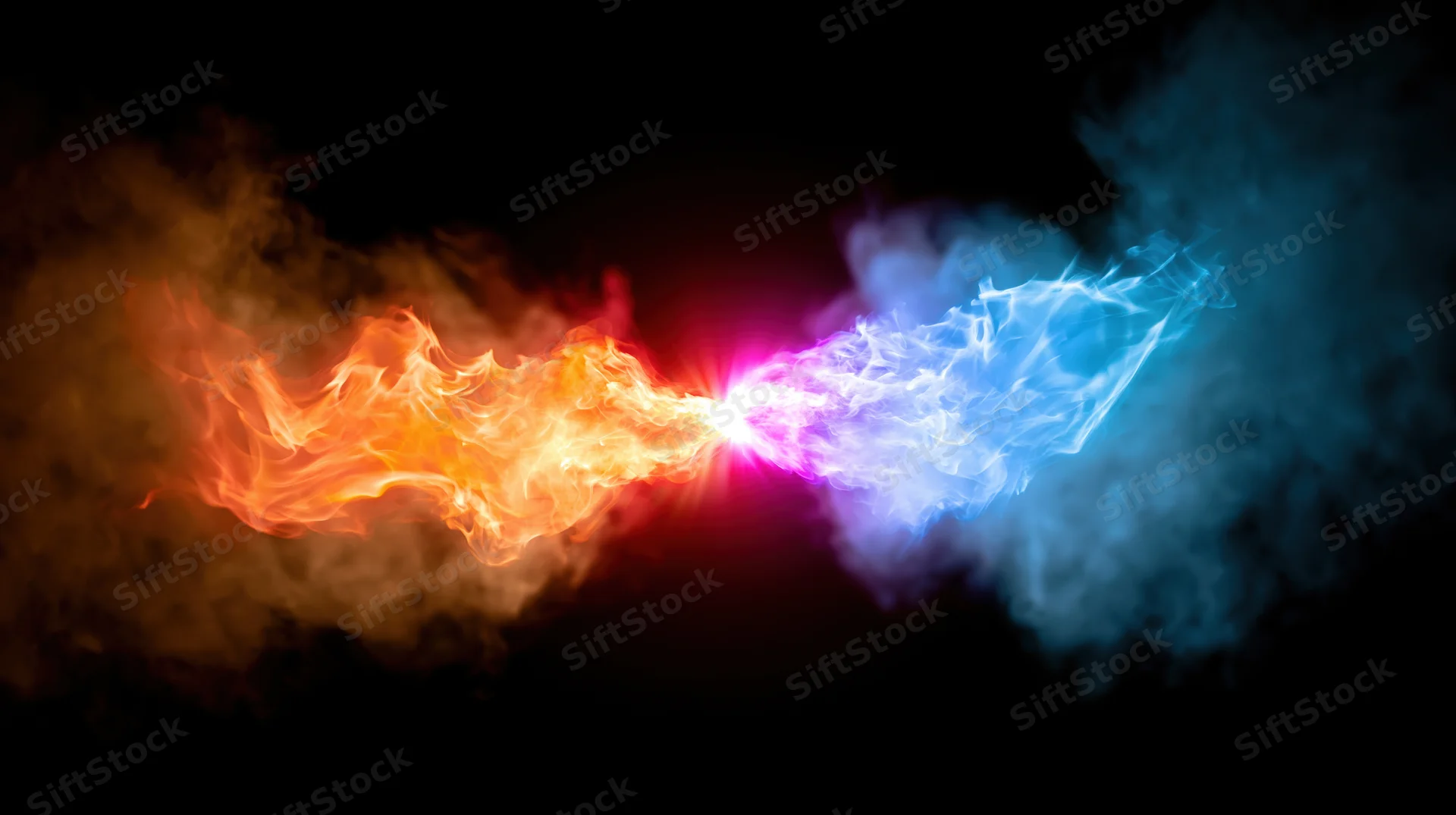 Orange and blue flames colliding in a burst of light against black background