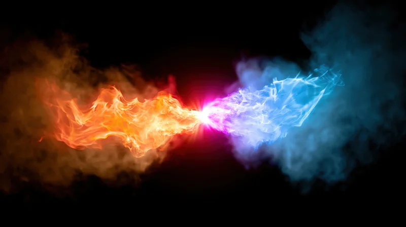 Orange and blue flames colliding in a burst of light against black background