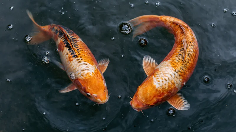 Two koi fish swimming in a circular pattern in dark water