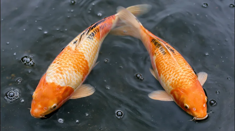 Two orange and white koi fish swimming in a circular pattern in dark water