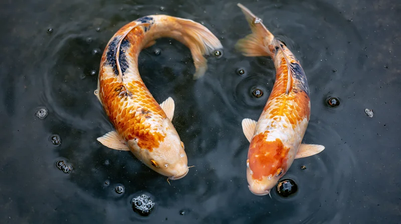 Two koi fish swimming in a circular pattern in dark water