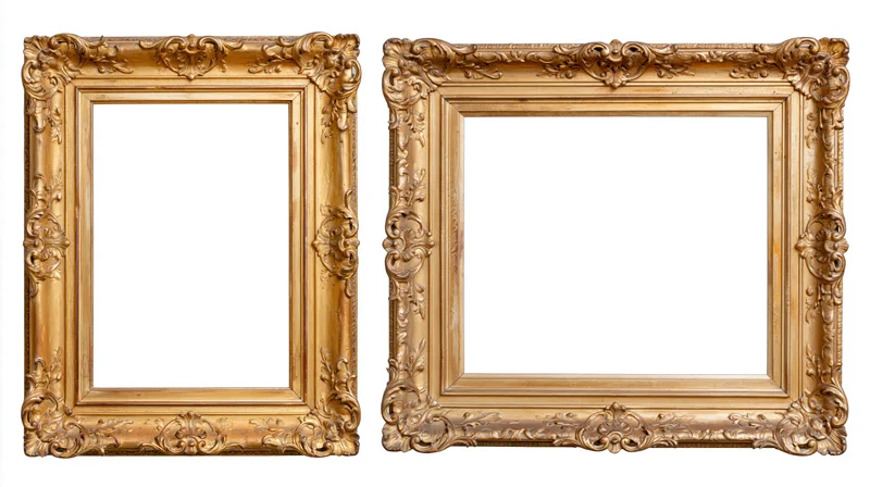 Two ornate antique gold picture frames displayed side by side on white background
