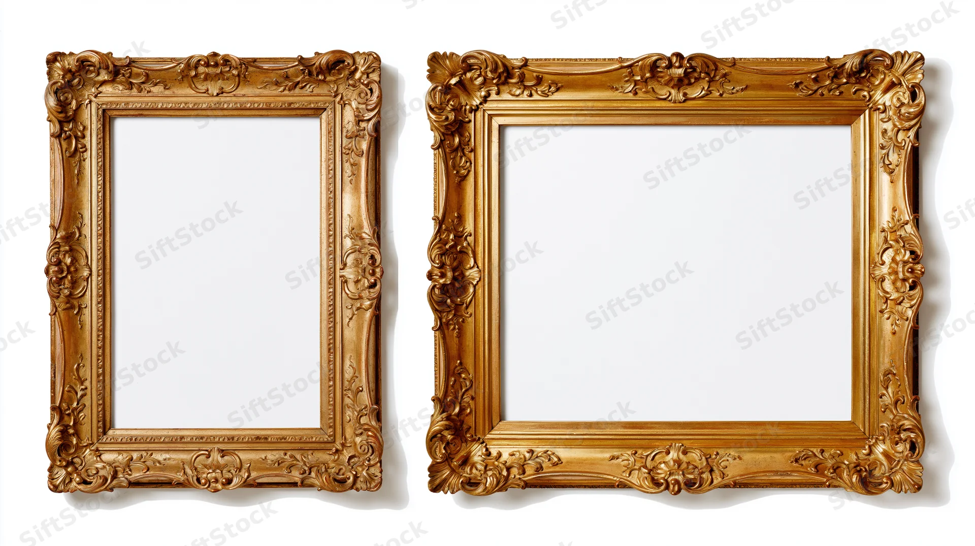 Two ornate antique gold picture frames side by side on white background