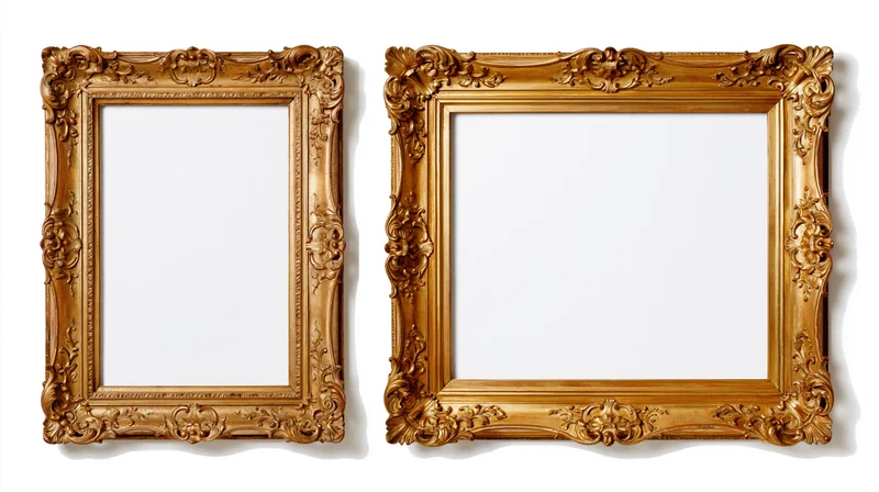 Two ornate antique gold picture frames side by side on white background