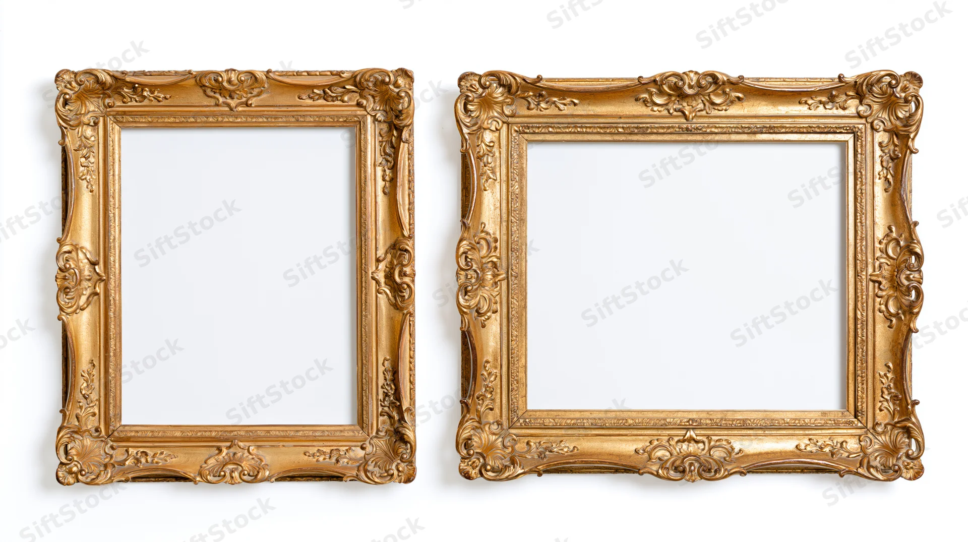Two ornate antique gold picture frames side by side on white background