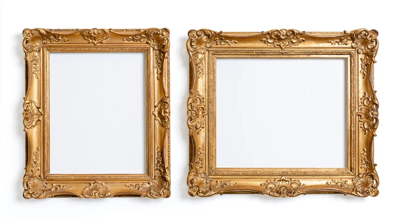 Two ornate antique gold picture frames side by side on white background
