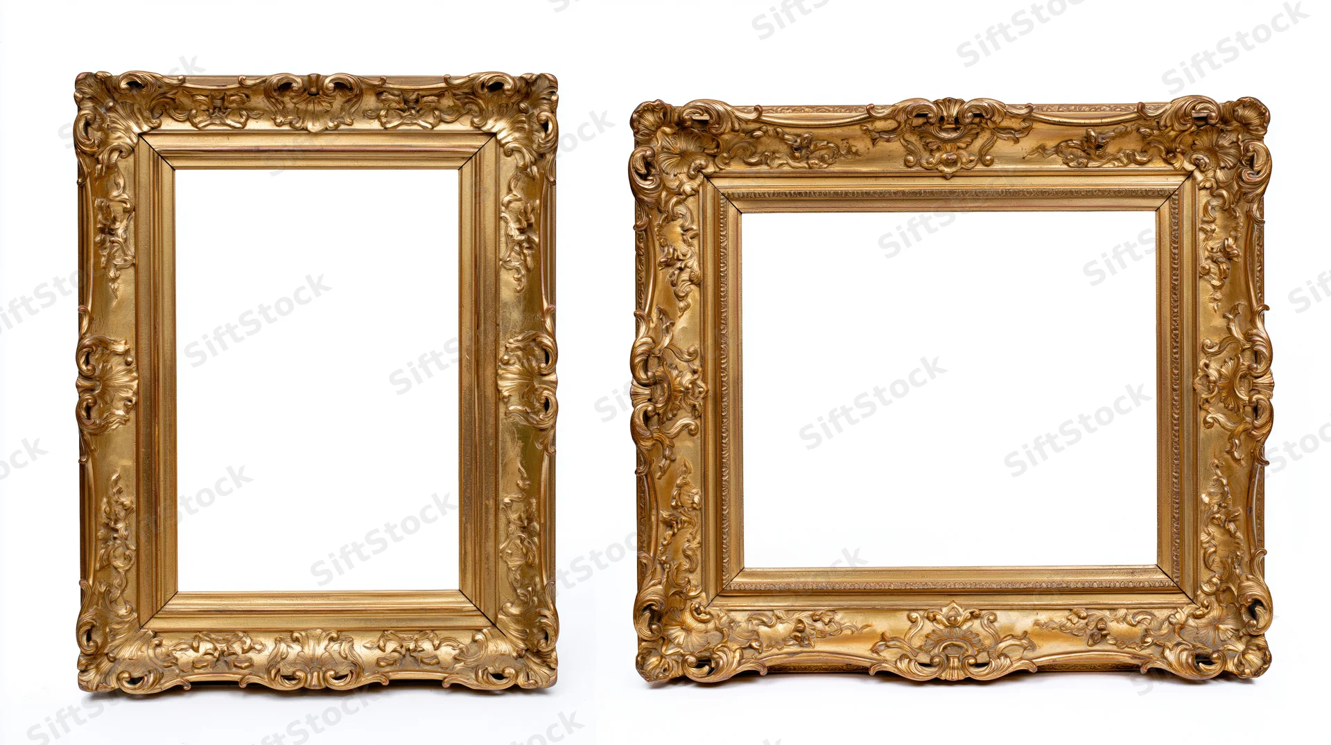 Two ornate antique gold picture frames side by side on white background