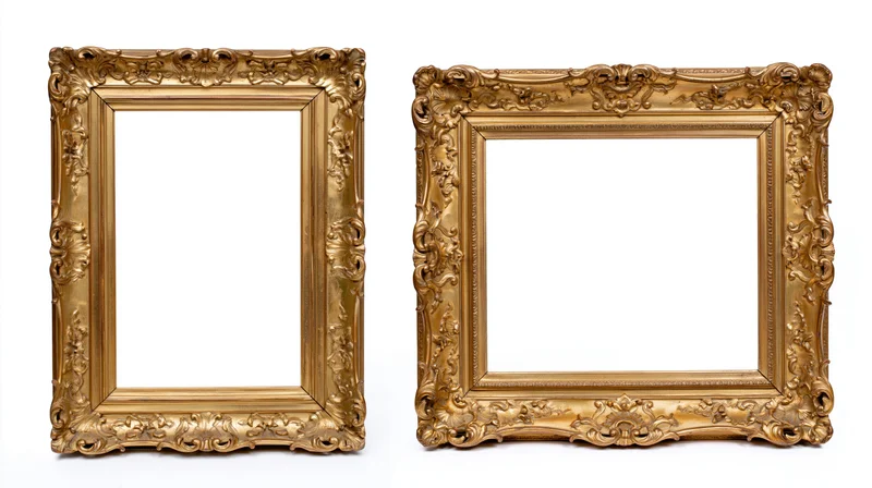 Two ornate antique gold picture frames side by side on white background