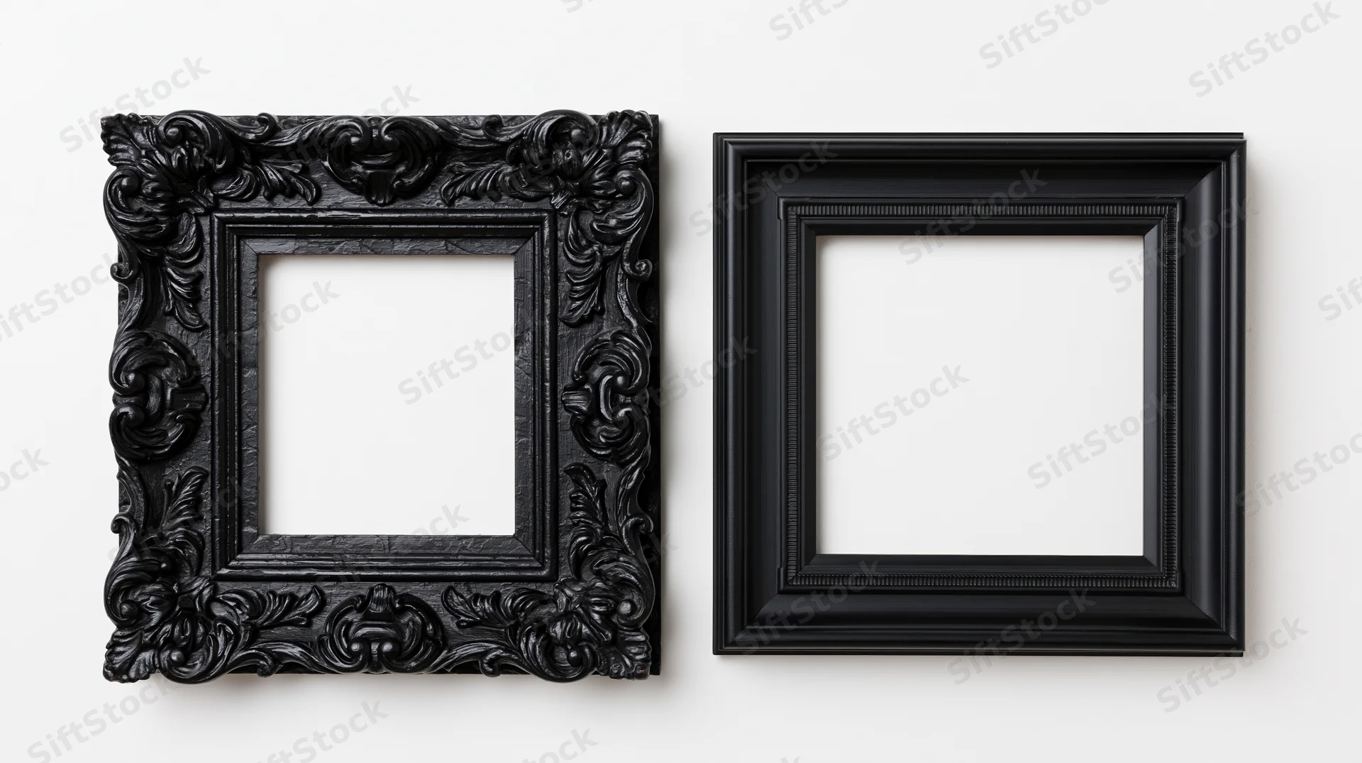 Two black picture frames side by side on white background, one ornate and one simple, empty and ready for display