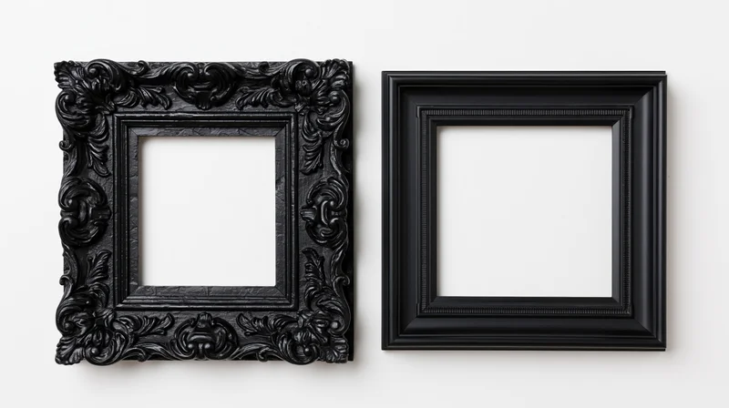 Two black picture frames side by side on white background, one ornate and one simple, empty and ready for display
