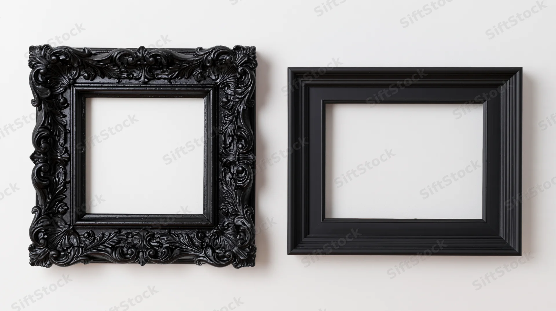 Two black picture frames side by side on a white wall, one ornate and one plain, empty and ready for display