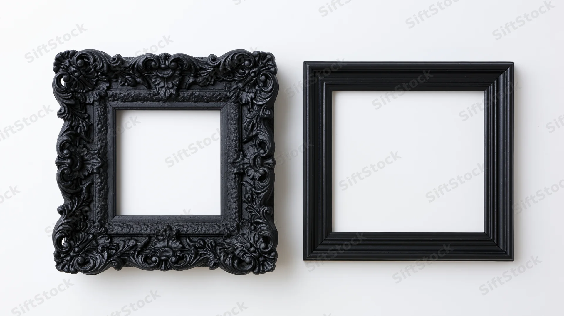 Two black picture frames, one ornate and one simple, displayed side by side on a white wall