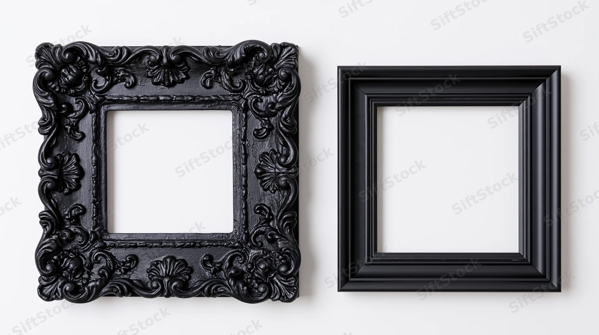 Two black picture frames side by side on white background, one ornate and one simple, empty and ready for display
