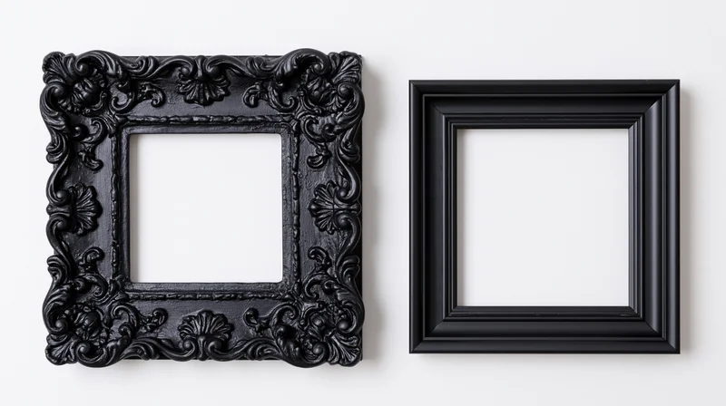 Two black picture frames side by side on white background, one ornate and one simple, empty and ready for display