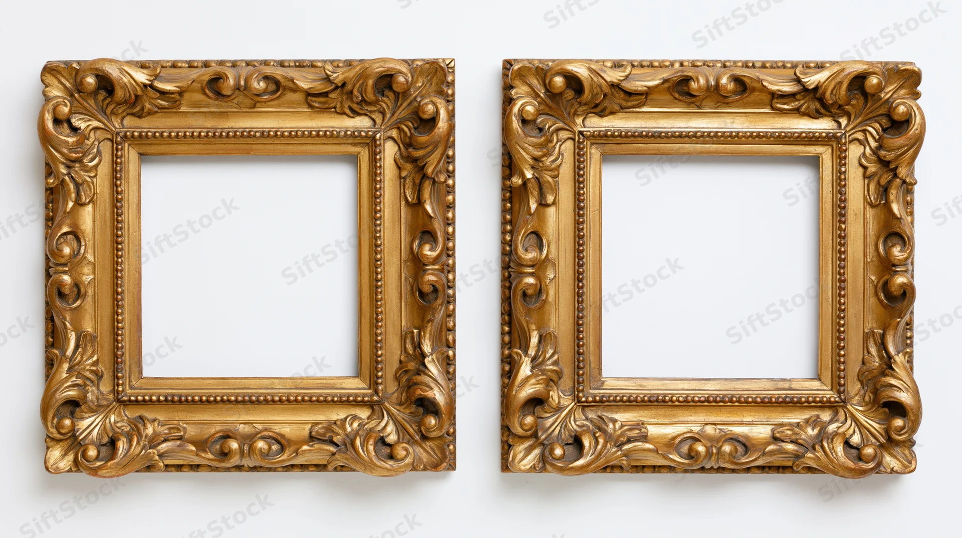 Two ornate gilded baroque picture frames with empty centers side by side on white background