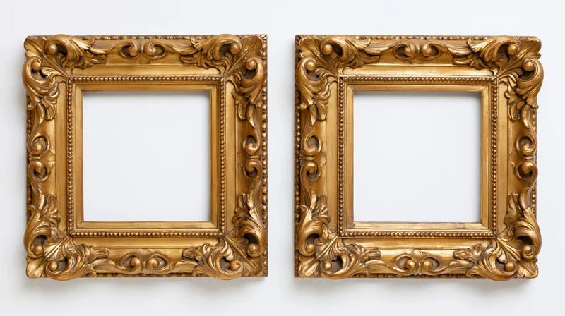 Two ornate gilded baroque picture frames with empty centers side by side on white background