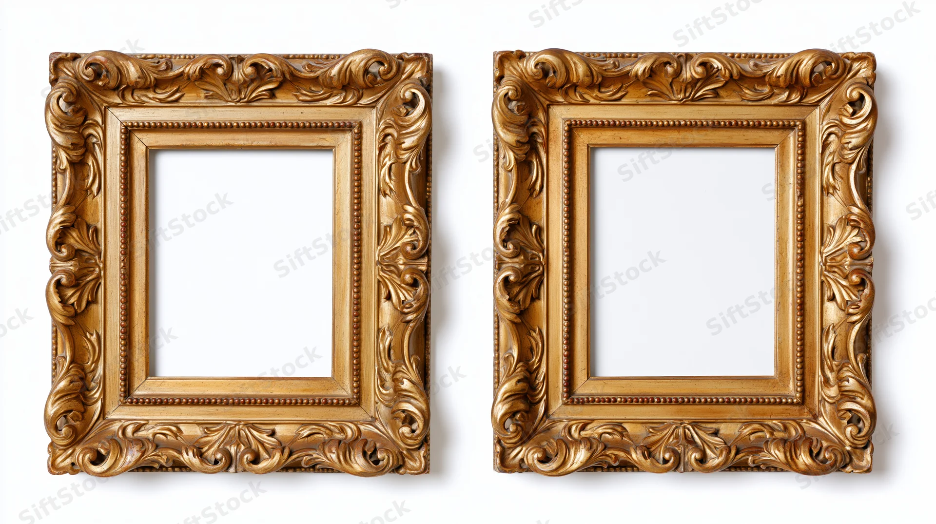 Two ornate gilded baroque picture frames with empty centers side by side on white background