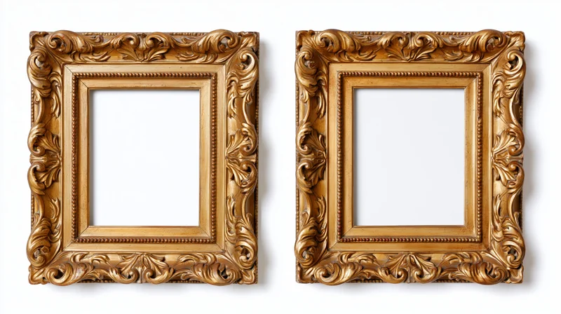 Two ornate gilded baroque picture frames with empty centers side by side on white background
