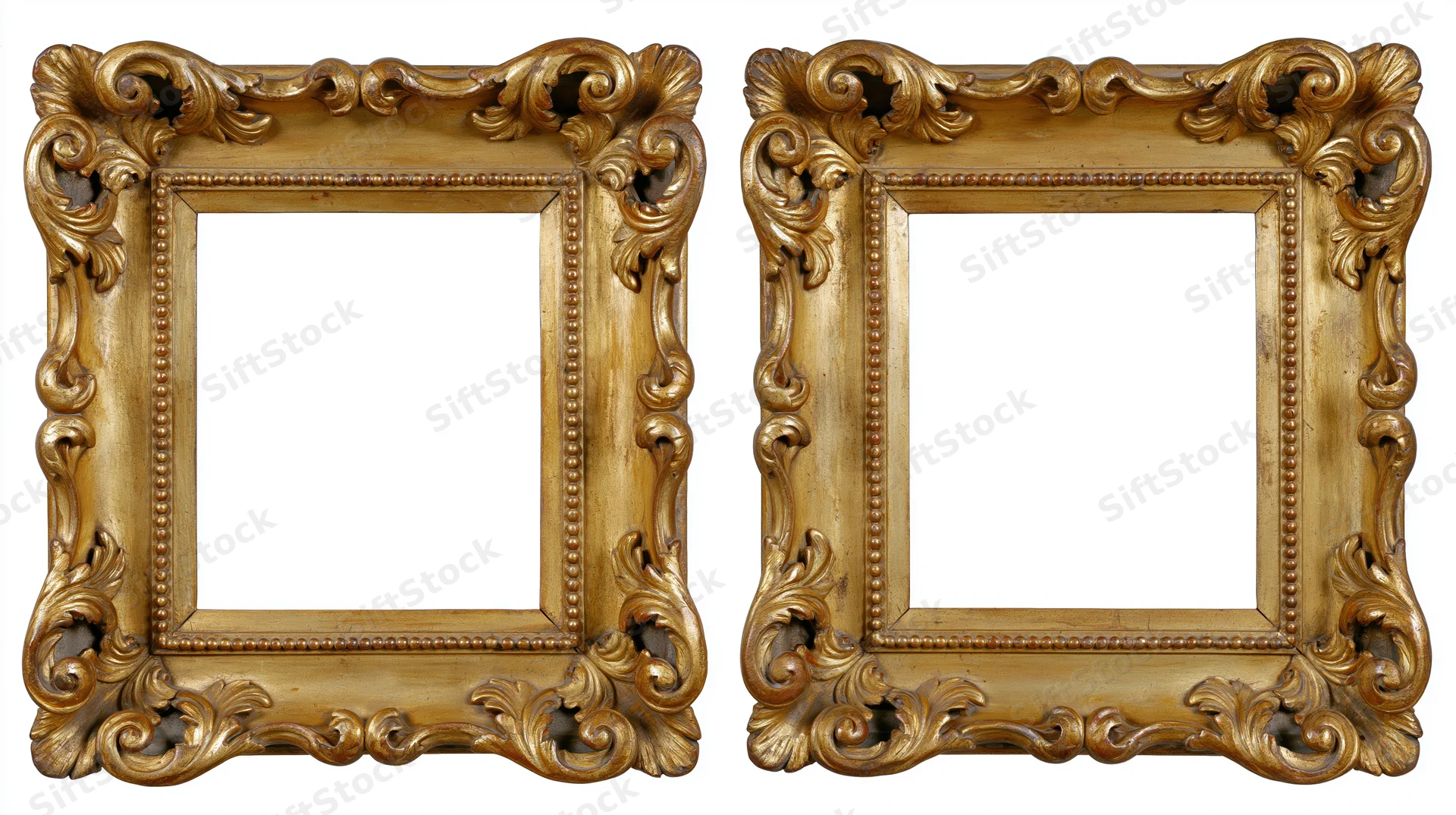 Two ornate gilded baroque picture frames with empty centers side by side
