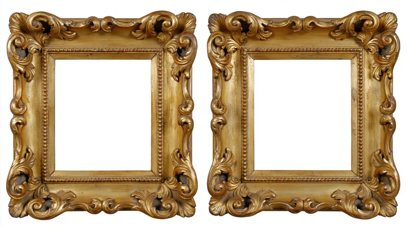 Two ornate gilded baroque picture frames with empty centers side by side