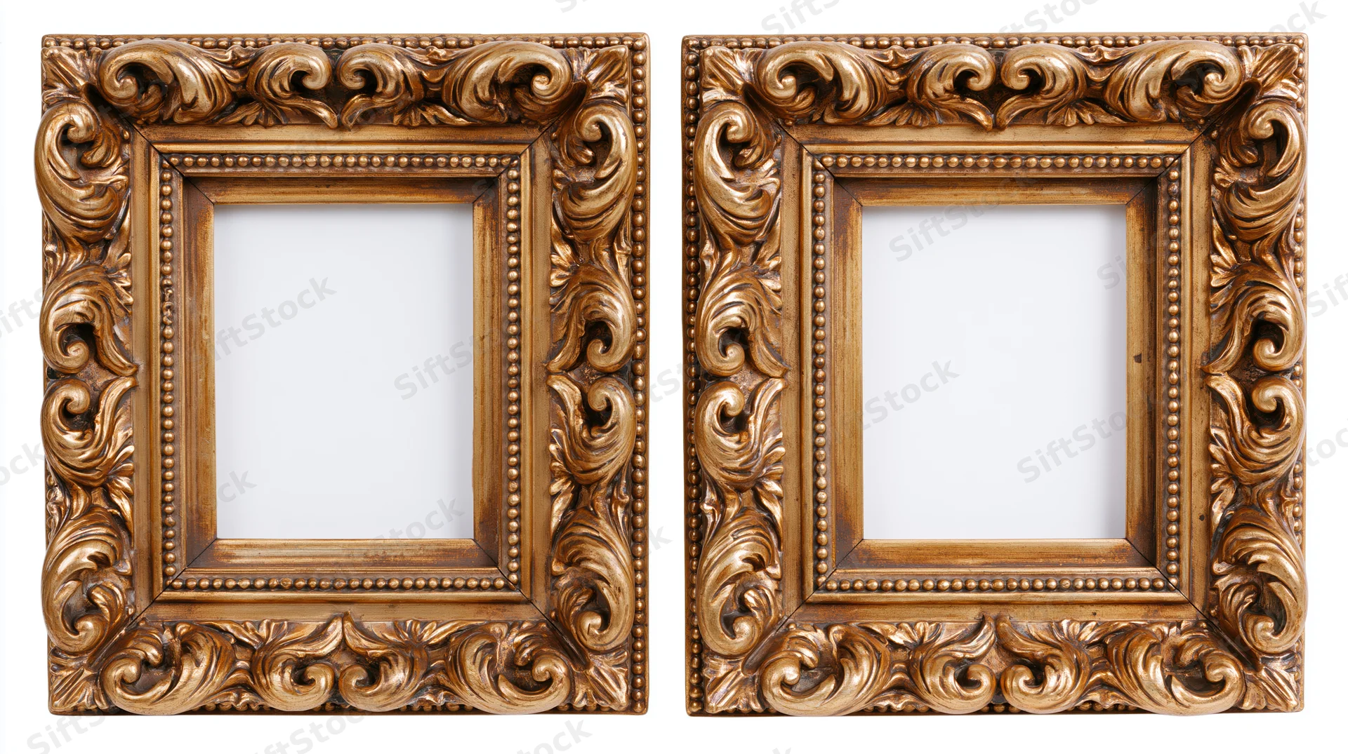 Two ornate gilded baroque picture frames with empty centers on white background