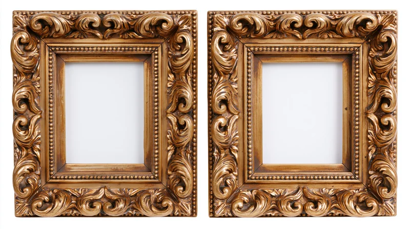 Two ornate gilded baroque picture frames with empty centers on white background
