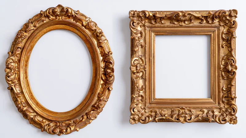 Two ornate gilded picture frames, one oval and one square, displayed against a plain white background