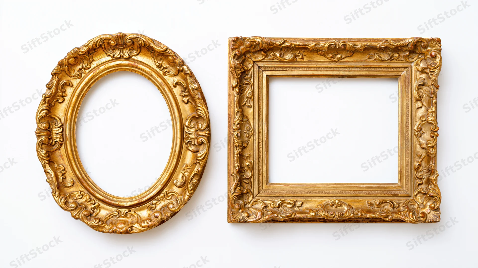 Two ornate gilded picture frames, one oval and one rectangular, displayed against a plain white background