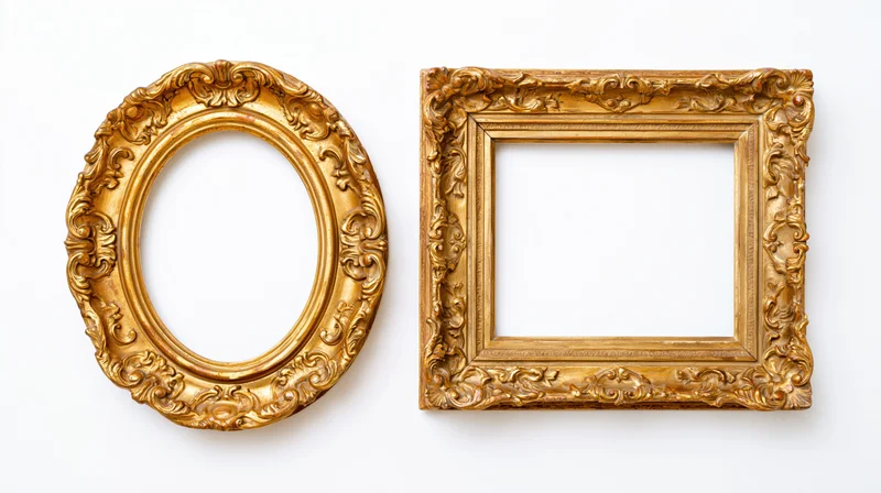 Two ornate gilded picture frames, one oval and one rectangular, displayed against a plain white background