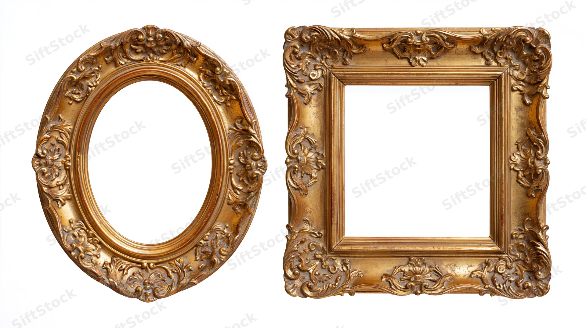 Two ornate gilded picture frames, one oval and one square, displayed against a plain white background