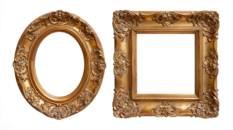 Two ornate gilded picture frames, one oval and one square, displayed against a plain white background