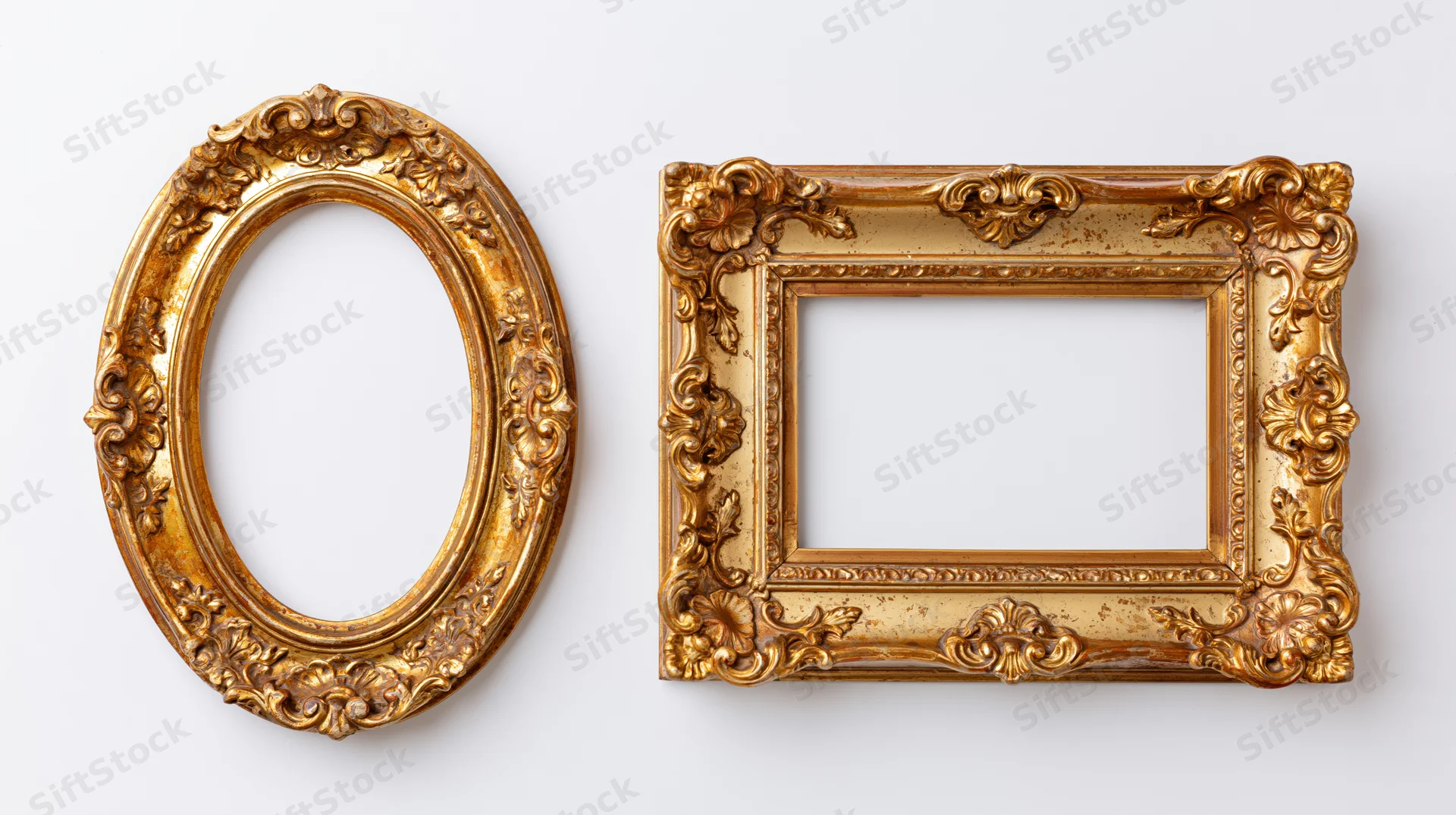 Two ornate gilded picture frames, one oval and one rectangular, displayed against a plain white background