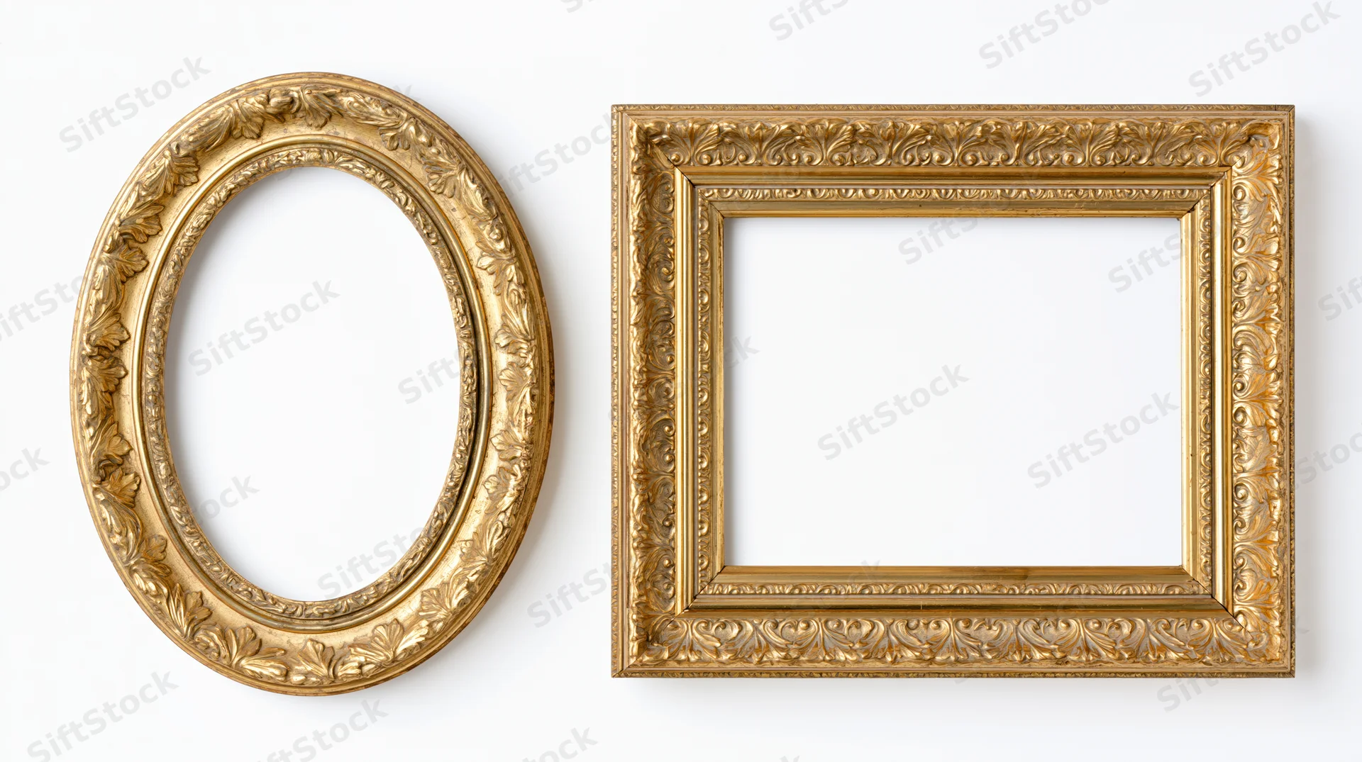 Two ornate gold picture frames, one oval and one rectangular, displayed against a plain white background