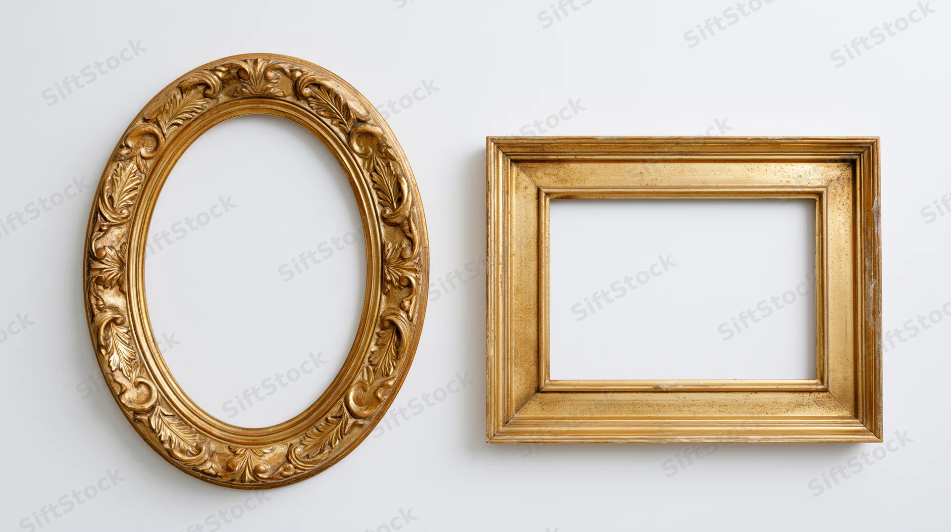 Two ornate gold picture frames, one oval and one rectangular, displayed against a plain white wall