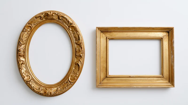 Two ornate gold picture frames, one oval and one rectangular, displayed against a plain white wall