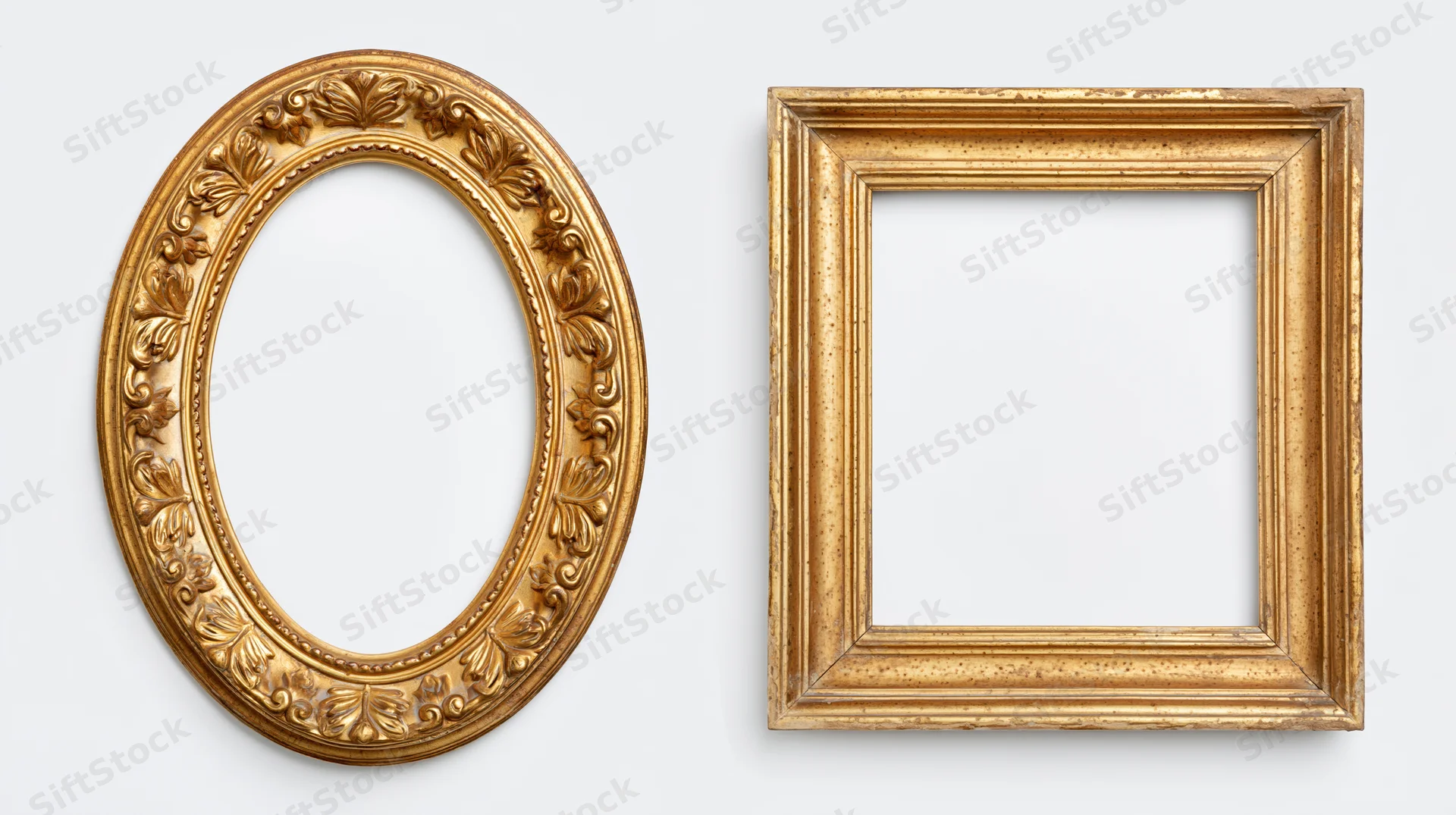 Two ornate gold picture frames, one oval and one square, displayed against a plain white background