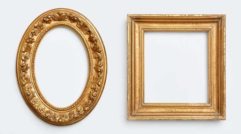Two ornate gold picture frames, one oval and one square, displayed against a plain white background