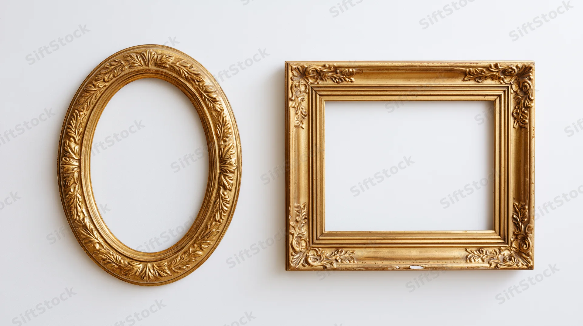Two ornate gold picture frames, one oval and one rectangular, displayed against a plain white background