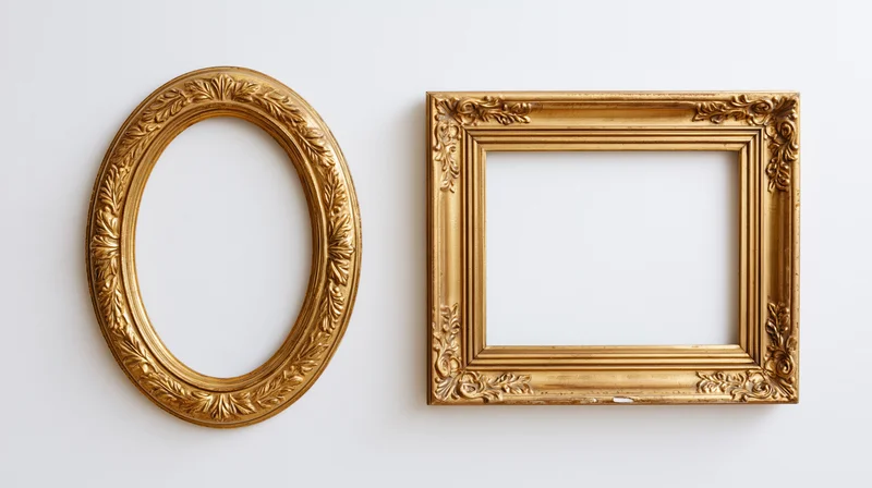 Two ornate gold picture frames, one oval and one rectangular, displayed against a plain white background