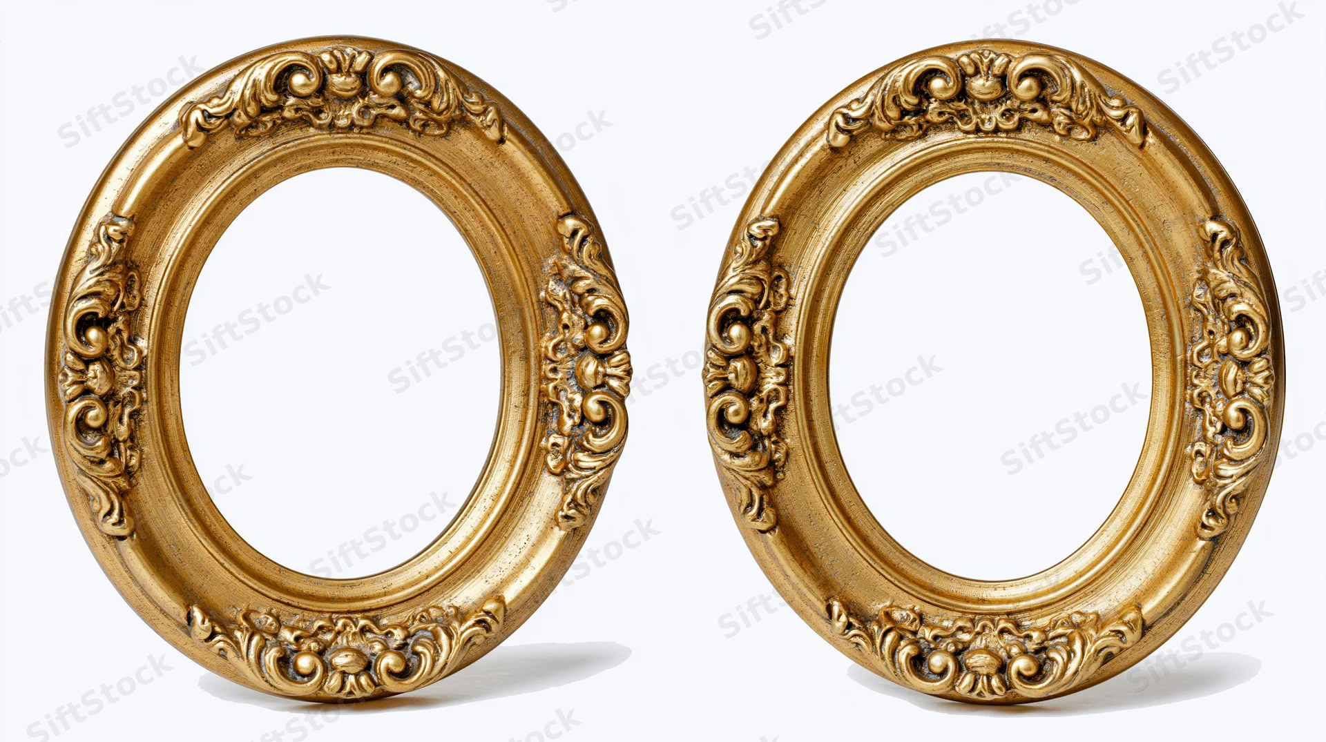 Two ornate oval gilded picture frames with baroque carved details on white background