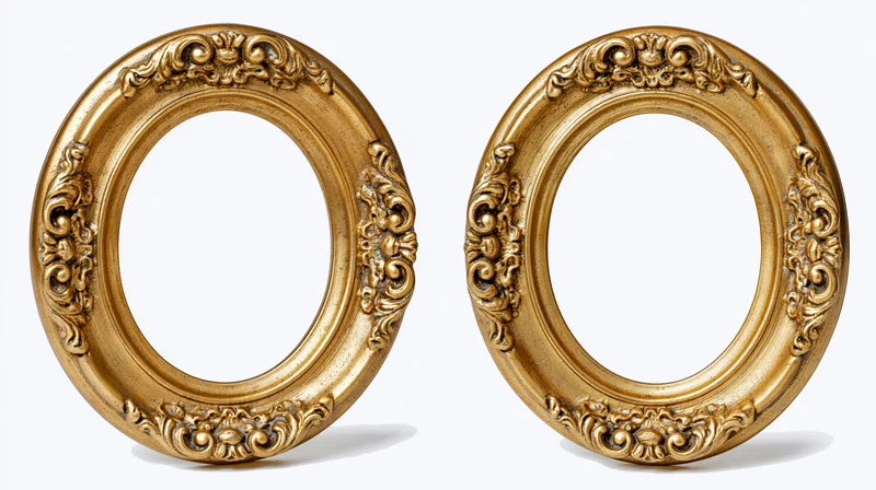 Two ornate oval gilded picture frames with baroque carved details on white background