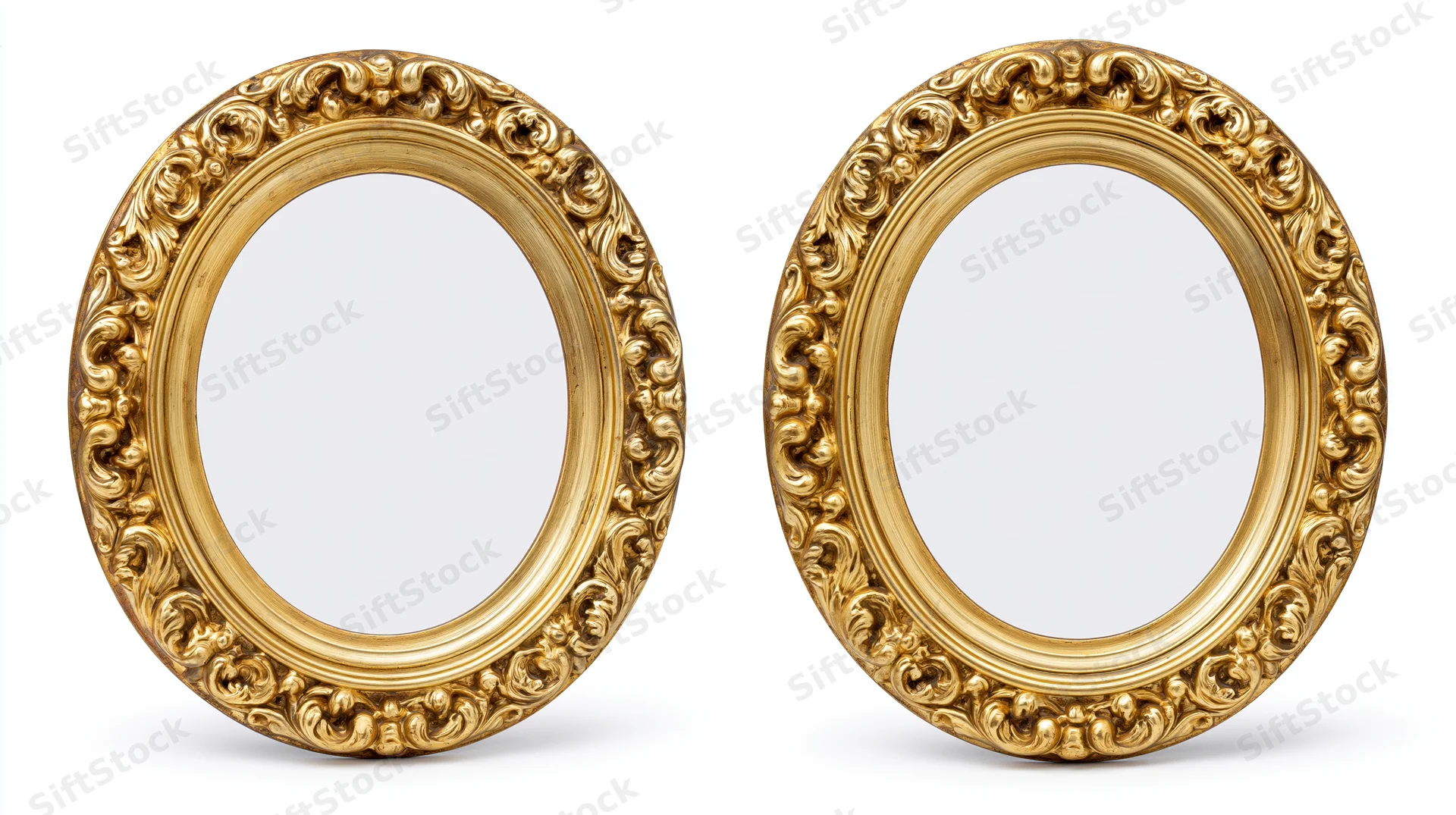 Two ornate oval gilded frames with baroque carvings on white background
