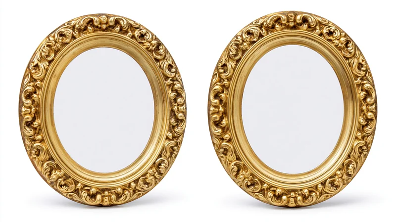 Two ornate oval gilded frames with baroque carvings on white background