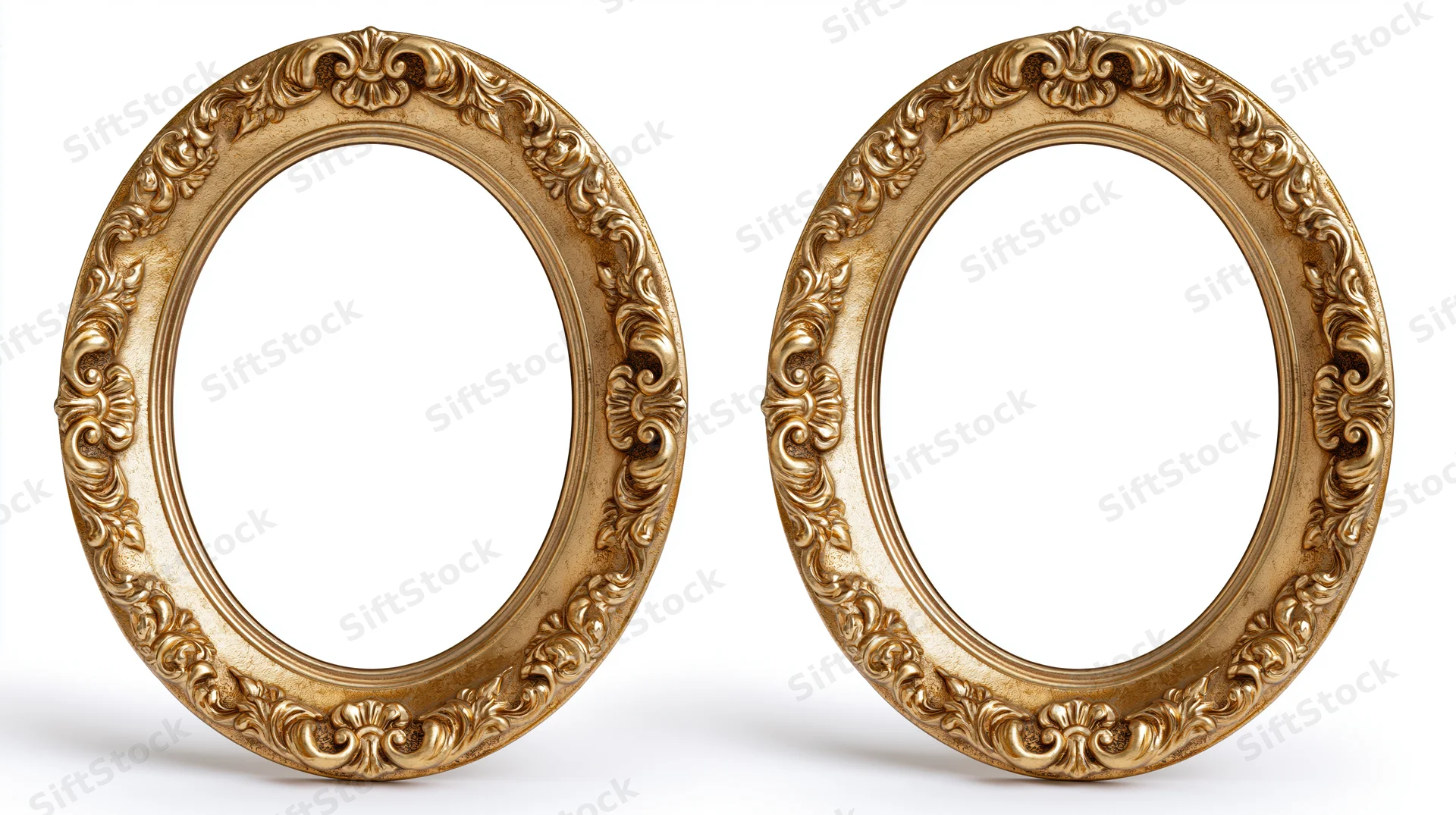 Two ornate oval gilded picture frames with baroque carved floral details side by side on white background