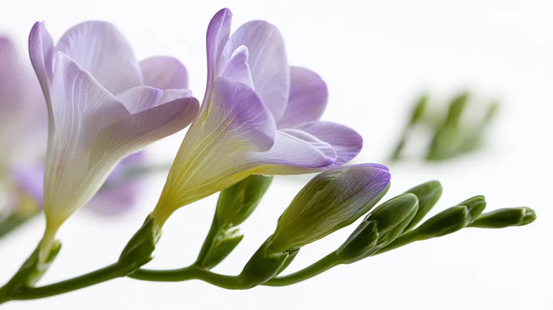 Pale violet freesia blooms with unopened green buds on a white background