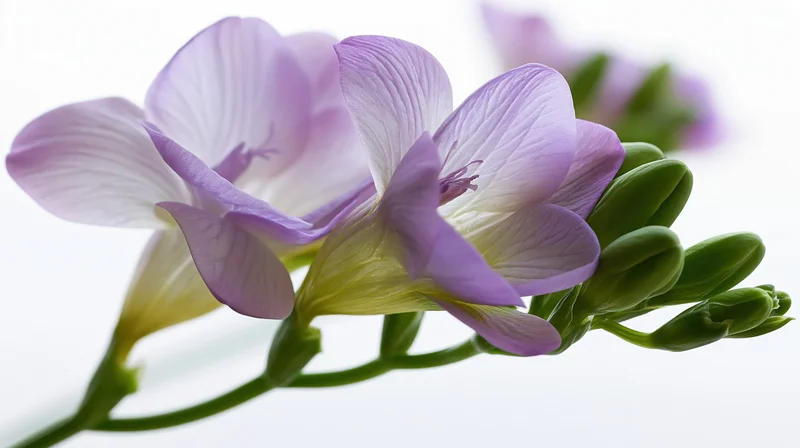 Pale violet freesia blooms with unopened green buds on a white background