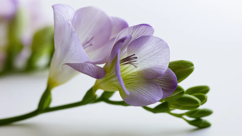 Pale violet freesia blooms with unopened green buds on a white background