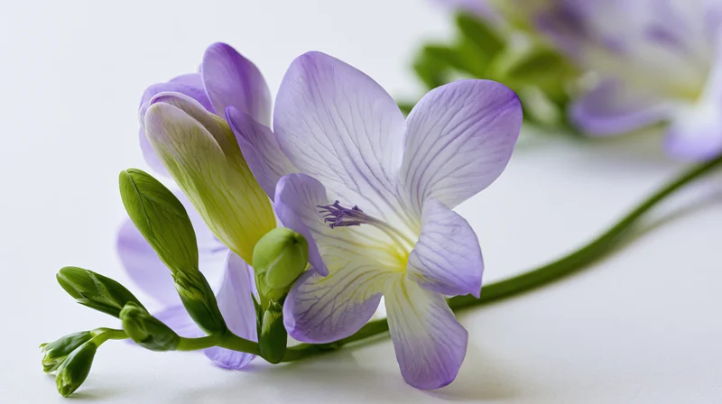 Pale violet freesia blooms with unopened green buds on a white background